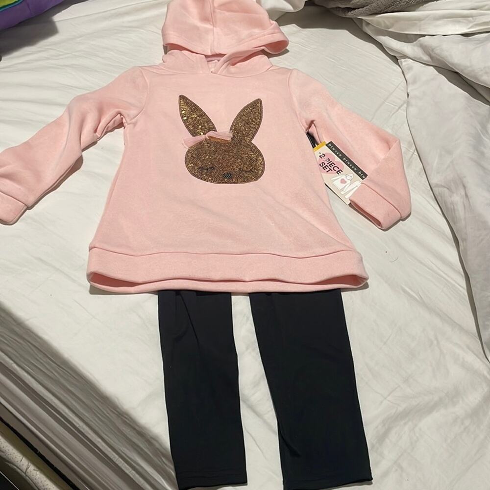 Btween 6 hooded pink sequined bunny sweatshirt black leggings nwt
